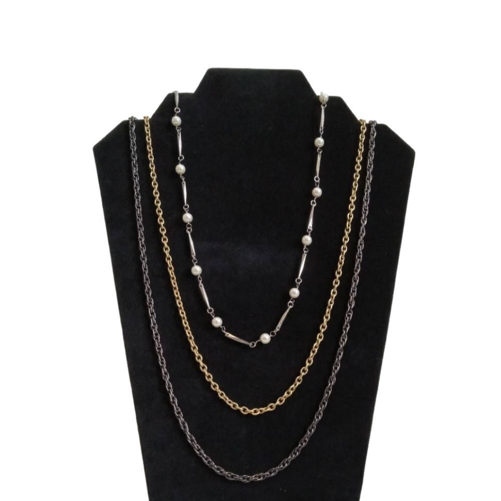 Gold and Silver Toned Triple Strand Long Length Layered Chain Statement Necklace